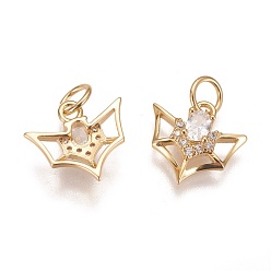 Golden Brass Micro Pave Cubic Zirconia Charms, Long-Lasting Plated, Bat, Clear, Golden, 11x12.5x4mm, Hole: 3.5mm