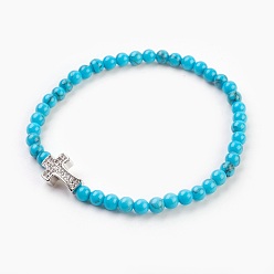 Turquoise Synthétique Bracelets extensibles en perles synthétiques turquoise (teintes), croix en laiton avec micro-pavé de zircons cubiques, 2-1/8 pouce (5.5 cm)