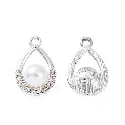 Platine Pendentifs en cristal en alliage de strass, avec perle en plastique imitation perle abs, charmes de larme, platine, 21x13.5x9mm, Trou: 2.5mm
