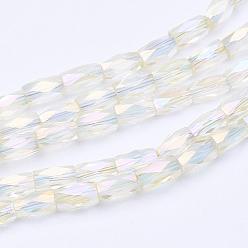 Moccasin Electroplate Transparent Glass Beads Strands, Full Rainbow Plated, Faceted, Column, Moccasin, 5x3mm, Hole: 0.5mm, about 100pcs/strand, 19.4 inch