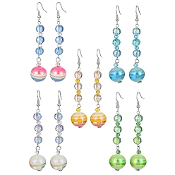 Mixed Color Stripe Resin & Glass Round Bead Dangle Earrings for Women, Long Drop Earring with Brass Earring Hooks , Mixed Color, 73~76x16~16.5mm