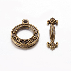 Antique Bronze Tibetan Style Alloy Toggle Clasps, Lead Free and Cadmium Free, Antique Bronze, Round: 19.5x16mm, Bar: 21mm, Hole: 1.5mm