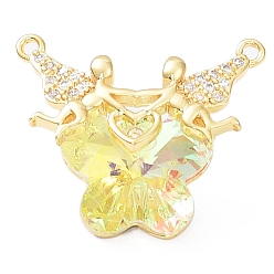 Champagne Yellow Glass Pendants, Butterfly Charms, with Real 18K Gold Plated Rack Plating Brass Micro Pave Clear Cubic Zirconia Angel, Long-Lasting Plated, Cadmium Free & Lead Free, Champagne Yellow, 23.5x29x12mm, Hole: 1.6mm