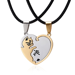 Oro 2 piezas 2 conjunto de collares de pareja de estilo, Collar con colgantes de gato y corazón dividido a juego de acero titanio para el día de San Valentín, dorado, 18.90 pulgada (48 cm), 1 pc / estilo