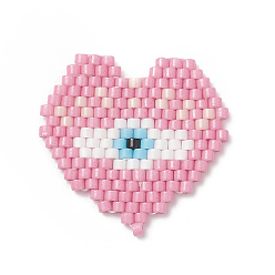 Pearl Pink Handmade Loom Pattern MIYUKI Seed Beads, Heart with Evil Eye Pendants, Pearl Pink, 22x23x1.8mm, Hole: 0.7mm