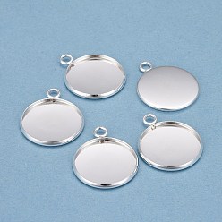 Silver 304 Stainless Steel Pendant Cabochon Settings, Plain Edge Bezel Cups, Flat Round, Silver, Tray: 20mm, 27x22x2mm, Hole: 3mm