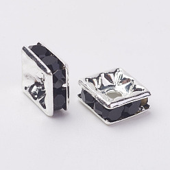 Jet Brass Rhinestone Spacer Beads, Grade A, Silver Color Plated, Square, Jet, 6x6x3mm, Hole: 1mm