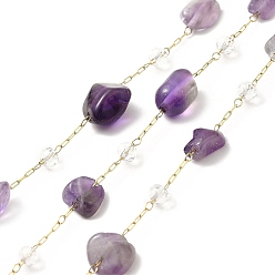 Amethyst Ion Plating(IP) 316 Surgical Stainless Steel Paperclip Chains, with Natural Amethyst Nuggets Beads and Glass Beads, Soldered, Real 18K Gold Plated, with Spool, Link: 3x1x0.3mm, Glass: 3~4.5mm, Gemstone: 6~10x4~9.5x4~7mm