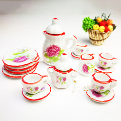 Flower Mini Ceramic Tea Sets, including Teacup, Saucer, Teapot, Cream Pitcher, Sugar Bowl, Miniature Ornaments, Micro Landscape Garden Dollhouse Accessories, Pretending Prop Decorations, Carnation Pattern, 15pcs/set