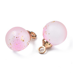 Pearl Pink Two Tone Transparent Spray Painted Glass Pendants, with Light Gold Plated Brass Loop, Frosted, with Glitter Powder, Round, Pearl Pink, 12x8mm, Hole: 2mm