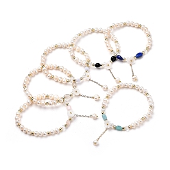 Mixed Stone Stretch Charm Bracelets, with Natural Gemstone Beads, Natural Pearl & Shell Beads, Glass Beads, Brass Beads and Cable Chains, Flower, Inner Diameter: 2-1/4 inch(5.7cm)