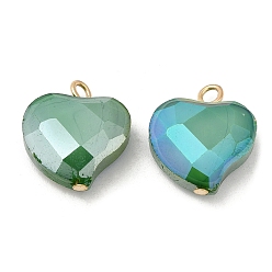 Dark Cyan Imitation Jade Glass Pendants, with Golden Brass Loops, Heart Charms, Dark Cyan, 18x17x6.5~7mm, Hole: 2~2.5mm