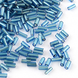 Dodger Blue Glass Bugle Beads, Silver Lined, Dodger Blue, 4~4.5x2mm, Hole: 1mm, about 450g/bag, 14000pcs/bag