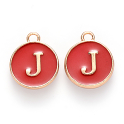 Letter I Golden Plated Alloy Charms, with Enamel, Enamelled Sequins, Flat Round, Red, Letter.I, 14x12x2mm, Hole: 1.5mm, 50pcs/Box