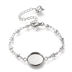 Stainless Steel Color 304 Stainless Steel Bracelet Making, with Lobster Claw Clasps, Star Link Chains and Flat Round Cabochon Settings, Stainless Steel Color, Tray: 12mm, 6 inch(15.3cm)
