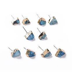Deep Sky Blue Natural Dyed Druzy Quartz Stud Earrings, with Brass Findings, Nuggets, Golden, Deep Sky Blue, 3~13x3~13x4~9mm, Pin: 0.7mm