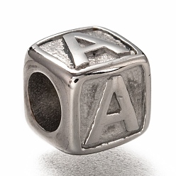 Letter A 304 acier inoxydable perles européennes, Perles avec un grand trou   , trou horizontal, cube avec la lettre, couleur inox, letter.a, 8x8x8mm, Trou: 4.5mm