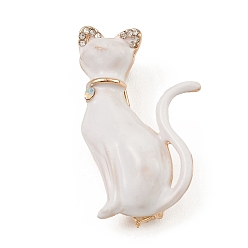 White Alloy Enamel Brooch Pin for Clothes Backpack, Rhinestone Cat Badge, White, 41x24.5x13mm