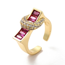 Rosa Oscura Rectángulo de circonitas cúbicas con anillo abierto de luna, joyas de latón chapado en oro real 18k para mujer, de color rosa oscuro, tamaño de EE. UU. 7 1/2 (17.7 mm)