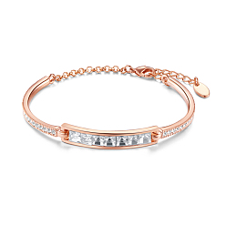 Rose Gold SHEGRACE Brass Bangles, with Austrian Crystal Bangles(Chain Extenders Random Style), Rose Gold, 150mm