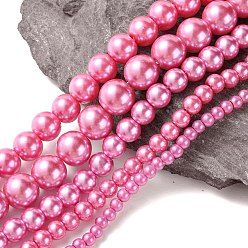 Rosa Caliente Abalorios de vidrio teñido de perla redondos, color de rosa caliente, 4 mm / 6 mm / 8 mm / 10 mm / 12 mm, agujero: 1 mm, sobre 70~216 unidades / cadena