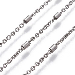 Stainless Steel Color 304 Stainless Steel Cable Chains, with Column Beads, Unwelded, Flat Oval, Stainless Steel Color, 2x1.5x0.2mm
