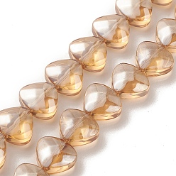 BurlyWood Transparent Electroplate Glass Bead Strands, Pearl Luster Plated, Heart, BurlyWood, 12x13x7mm, Hole: 1mm, about 55pcs/strand, 25.51''(64.8cm)