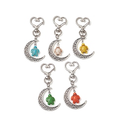 Mixed Color Moon Tibetan Style Alloy Pendant Decorations, with Dyed Synthetic Turquoise and Alloy Swivel Lobster Clasps, Sea Turtle, Mixed Color, 77mm