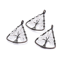 Quartz Crystal Long-Lasting Plated Brass Pendants, Wire Wrapped Pendants, with Natural Quartz Crystal Chips, Triangle with Tree, Red Copper, 39~40x30~31x4~8mm, Hole: 4.5mm