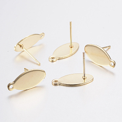 Golden 304 Stainless Steel Stud Earring Findings, with Loop and Flat Plate, Oval, Golden, 15x7x0.8mm, Hole: 1mm, Pin:0.8mm
