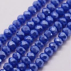 Medium Blue Electroplate Glass Bead Strands, Rondelle, Faceted, Pearl Luster Plated, Medium Blue, 3~3.5x2mm, Hole: 1mm, about 120~125pcs/strand, 12.4 inch