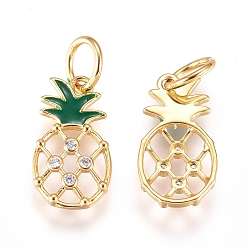 Golden Brass Enamel Charms, with Micro Pave Cubic Zirconia and Jump Rings, Pineapple, Clear & Green, Golden, 13x7x1.6mm, Hole: 3.4mm