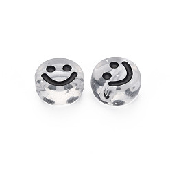 Clear Transparent Acrylic Beads, with Glitter Powder, Flat Round with Black Enamel Smile Face, Clear, 10x5mm, Hole: 2mm, about 1450pcs/500g