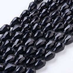 Black Glass Beads Strands, Faceted, teardrop, Black, 6x4mm, Hole: 1mm, about 65~68pcs/strand, 14.96~15.35 inch