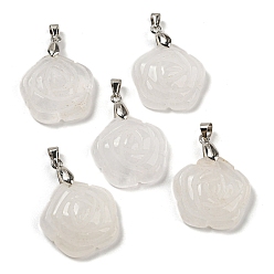 Quartz Crystal Natural Quartz Crystal Carved Pendants, Rock Crystal, Flower Charms with Rack Plating Platinum Plated Brass Pinch Bails, 30x22.5x7.5mm, Hole: 4.5x4mm