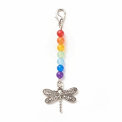 Colorful Chakra Theme Natural & Dyed Malaysia Jade Beaded Pendant Decorations, with Lobster Claw Clasps, Tibetan Style Alloy Pendants, Dragonfly, Colorful, 65.5mm
