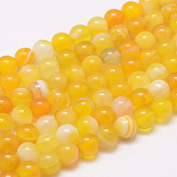Gold Natural Striped Agate/Banded Agate Bead Strands, Round, Dyed & Heated, Gold, 8mm, Hole: 1mm, about 47~48pcs/strand, 14.5 inch