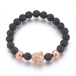 Rose Gold Stretch Bracelets, with Long-Lasting Plated Electroplated Natural Lava Rock, Natural Lava Rock and Brass Cubic Zirconia Beads, Buddha, Rose Gold, 2-1/8 inch(5.5cm)