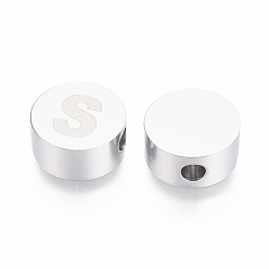 Letter S 304 Stainless Steel Beads, Flat Round with Letter, Letter.S, 10x4.5mm, Hole: 2mm