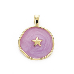 Medium Orchid Brass Enamel Pendants, Cadmium Free & Nickel Free & Lead Free, Real 16K Gold Plated, Flat Round with Star, Medium Orchid, 20.5x15.5x4.5mm, Hole: 2.5x3mm