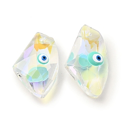 Aigue-marine Des billes de verre transparentes, avec l'émail, facette, polygone avec motif mauvais œil, aigue-marine, 23.5x38x13mm, Trou: 2mm