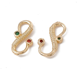 Real 18K Gold Plated Brass S-Hook Clasps, with Red & Green Glass Rhinestone, Real 18K Gold Plated, 13x6.5x1.5mm