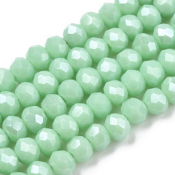 Light Green Electroplate Glass Beads Strands, Pearl Luster Plated, Faceted, Rondelle, Light Green, 3.5x3mm, Hole: 0.4mm, about 123~127pcs/strand, 13.7~14.1 inch(35~36cm)
