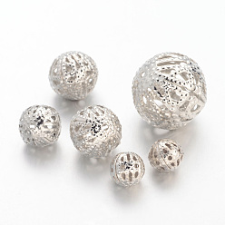 Platine Perles en filigrane de fer, boule en filigrane, ronde, couleur platine, taille: environ 6~16mm de diamètre, épaisseur de 6~15mm, Trou: 1~6mm, environ 200 g /sachet 