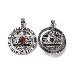 Carnelian Natural Carnelian Pendants, Flat Round with Hexagram Charms, with Antique Silver Plated Alloy Findings, Dyed & Heated, 42.5x37x8mm, Hole: 5.5x4mm