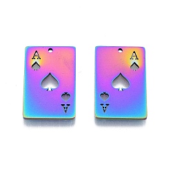 Rainbow Color Ion Plating(IP) 201 Stainless Steel Pendant,  Playing Cards Charms, Ace of Spades, Rainbow Color, 28x18x1.5mm, Hole: 1.5mm