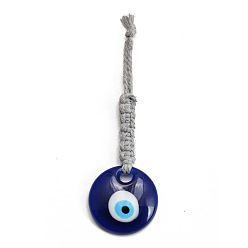 Prussian Blue Flat Round with Evil Eye Resin Pendant Decorations, Cotton Cord Braided Hanging Ornament, Prussian Blue, 125mm