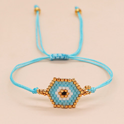 Dark Turquoise Hexagon with Evil Eye Glass Seed Braided Bead Bracelet for Women, Dark Turquoise, 11 inch(28cm)