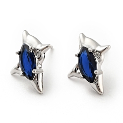 Bleu Moyen  Boucles d'oreilles clous étoile zircone cubique, bijoux en laiton plaqué platine pour femme, sans cadmium et sans nickel et sans plomb, bleu moyen, 17x14mm, pin: 0.8 mm