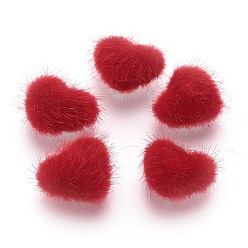 Red Faux Mink Fur Covered Cabochons, with Alloy Bottom, Heart, Silver Color Plated, Red, 14x17x6.5mm